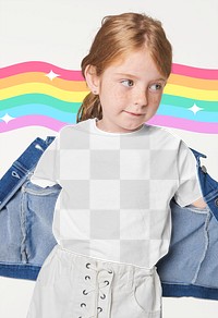 Girl wearing png t-shirt mockup with denim jacket