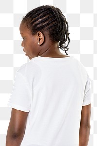 Black girl's casual white t shirt png mockup back view in studio
