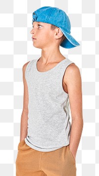 Boy's casual tank top with blue cap png mockup