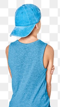 Boy&#39;s casual tank top with blue cap png mockup