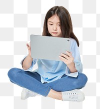 Png girl using digital tablet mockup in studio