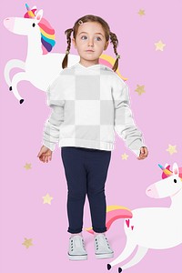 Girl wearing hoodie mockup png in studio