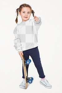 Girl wearing hoodie mockup png in studio