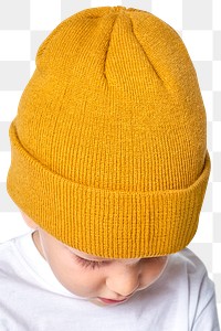 Boy wearing yellow beanie png mockup