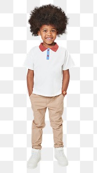 Black boy wearing white polo t shirt png mockup full body