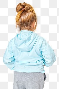 Back view girl wearing blue jacket png mockup