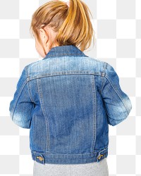 Back view girl wearing blue jeans jacket png mockup