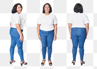 Plus size women's white t-shirt jeans outfit png mockup studio shot