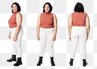 Png size inclusive fashion orange top and white jeans mockup