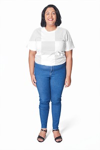 Plus size white t-shirt and jeans apparel png mockup women's fashion