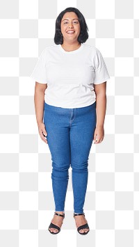 Plus size white t-shirt and jeans apparel png mockup women's fashion