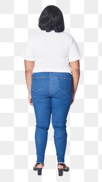 Plus size white t-shirt and jeans apparel png mockup studio shot