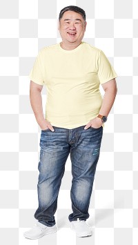 Men&#39;s yellow tee and jeans plus size fashion png mockup studio shot