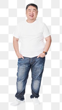 Men&#39;s white tee and jeans plus size fashion png mockup studio shot