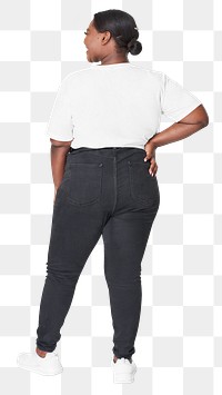 Plus size white t-shirt and jeans apparel png mockup studio shot