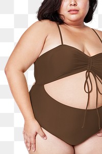 Png body positivity curvy woman brown swimsuit mockup