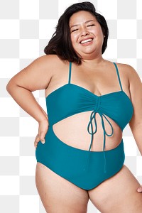 Attractive png plus size model blue swimsuit mockup