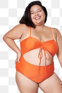 Body positivity png orange swimsuit happy plus size model posing