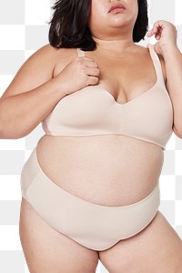 Body positivity png beige lingerie happy plus size model posing