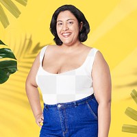 Plus size white tank top and jeans apparel png mockup women's fashion