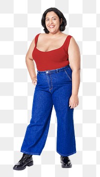 Plus size red tank top and jeans apparel png mockup women&#39;s fashion studio shot