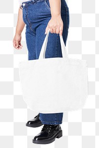 Plus size white t-shirt and jeans apparel with tote bag png mockup 