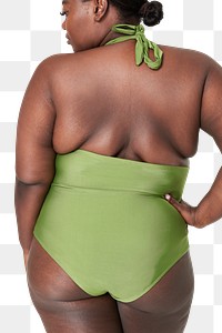Women's green swimsuit png model mockup back closeup