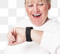 Png woman checking time on smartwatch smiling mockup