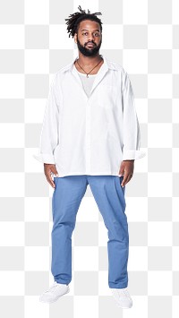 Plus size white shirt blue pants apparel png mockup body positivity shoot