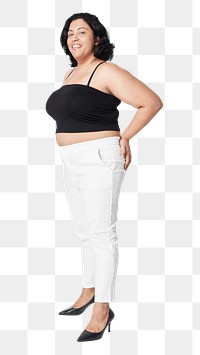 Plus size black tank top and white pants png full body women's fashion