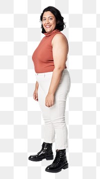 Png woman&#39;s orange top and white jeans plus size fashion mockup