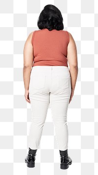 Woman facing backward png fashion mockup orange top white jeans apparel