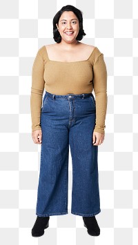 Plus size brown blouse and jeans apparel png mockup women&#39;s fashion