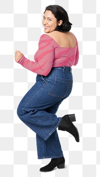 Png body positivity curvy woman pink top and blue jeans mockup