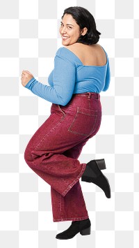 Png body positivity curvy woman blue top and red jeans mockup