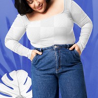 Plus size blouse and jeans apparel png mockup women&#39;s fashion