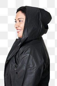 Women&#39;s black raincoat mockup png fashion shoot in studio