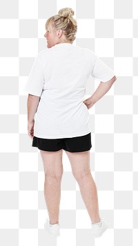 Women&#39;s white t-shirt mockup png fashion shoot in studio