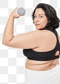 Gorgeous curvy woman black sportswear with dumbbell png mockup