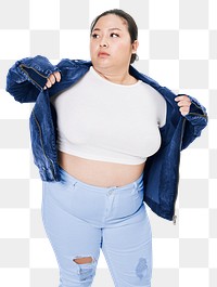 Plus size white t-shirt jacket and jeans apparel png mockup women&#39;s fashion studio shot