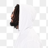 Men&#39;s white hoodie mockup png fashion shoot in studio
