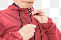 Men&#39;s red hoodie mockup png fashion shoot in studio