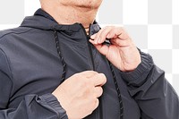 Men&#39;s gray hoodie mockup png fashion shoot in studio