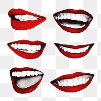 Red lips png sticker pop art set, smiling mouth, transparent background