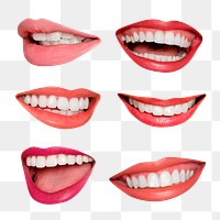 Happy mouth png sticker set, smiling lips, transparent background