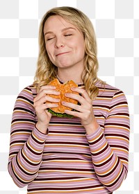 Png woman eating junk food sticker, transparent background 