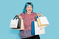 Shopping bag png mockup, shopaholic carrying a bunch, transparent design