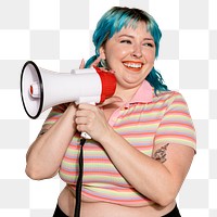 Feminist png woman with megaphone, transparent background