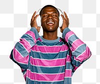 Png man listening to music in headphones, transparent background