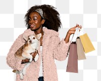 Png woman with dog and shopping bags, transparent background